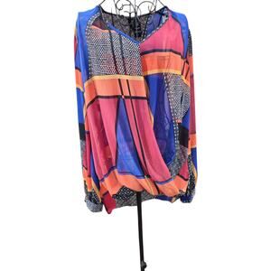 Bisou Bisou  Michele BohBot  Sheer High Low Faux Wrap Top Size S/CH Multi Color